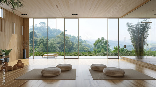 A serene yoga room with bamboo flooring, floor cushions, and a panoramic view of a tranquil landscape.