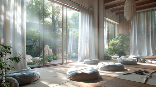 A serene meditation room with floor cushions, a zen garden, and soft natural light filtering through sheer curtains.