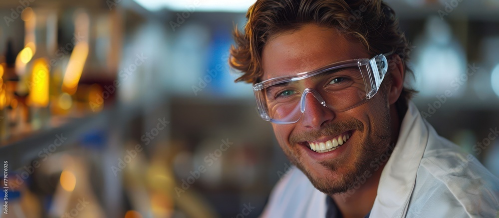 A man in a lab coat and goggles smiling directly at the camera, embodying a scientist at work. A man in a lab coat and goggles smiling directly at the camera, embodying a scientist at work.