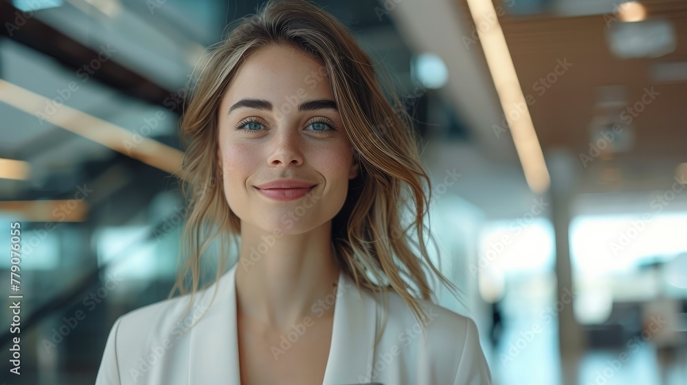 The CEO of a company is making notes on her tablet. Smiling and confident, a woman crosses a corporate office hall. Generative AI. The CEO of a company is making notes on her tablet. Smiling and confident, a woman crosses a corporate office hall. Generative AI.