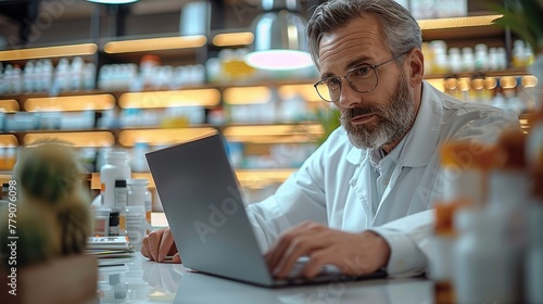 Focused pharmacist verifying medication stock on a laptop in a modern pharmacy. Generative AI.