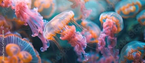 A collection of jellyfish gracefully swimming through the water in an aquarium.
