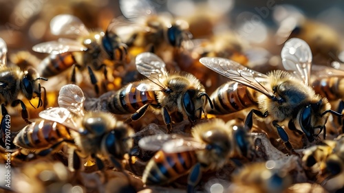 a bunch of bees that are in a beehive, a tilt shift photo.