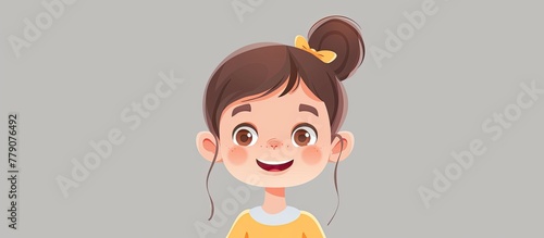 A fictional character with a bun hairstyle is happily smiling while wearing a yellow shirt. This animated cartoon exudes joy through her gesture and art style, with a cute nose and expressive jawline