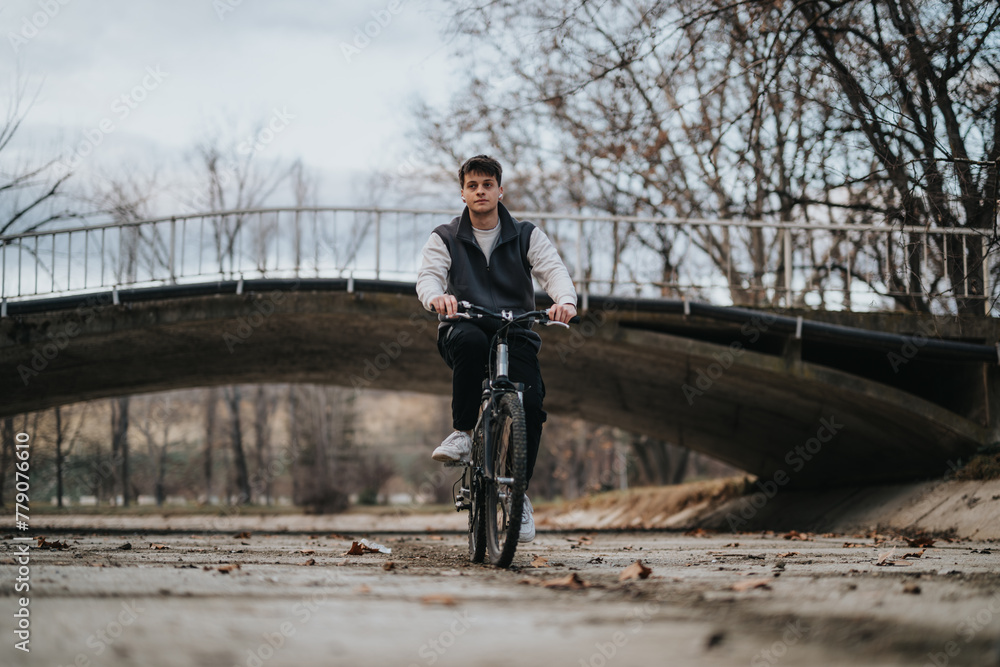 Young male teenager rides his bicycle, embracing freedom and leisure in an outdoor setting with a bridge backdrop.
