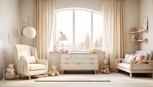A minimally decorated nursery with cream-colored walls and furniture. There is a large window, a cream-colored rug on the floor, and a few toys scattered around.