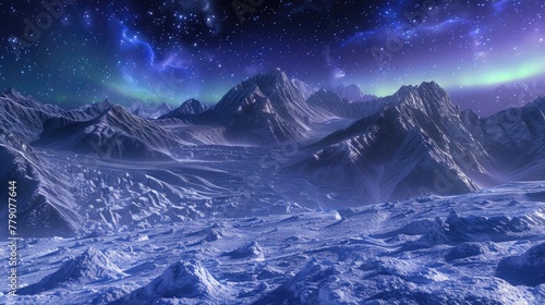The icy expanse of a glacier, now dotted with remnants of human waste, under the ethereal light of the aurora borealis, 3D illustration photo