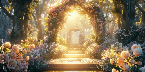 wedding altar, the sun is shining through a tunnel of flowers in a forest. Generative AI