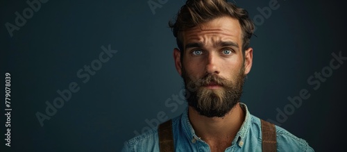 A man with a beard and suspenders gazes upwards. photo