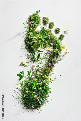 Top view human footprint with grass and wildflowers texture, isolated on white background. ecology concept, care for the environment, nature, spring and summer