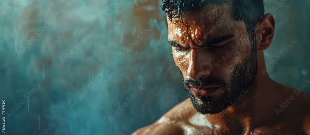 A shirtless man with wet hair and beard stands in the rain, gazing downwards with intensity.
