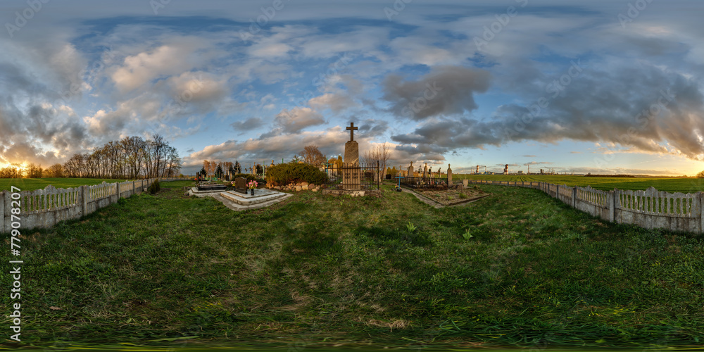 360 hdri evening panorama on old graveyard cemetery with gravestones and monuments at sunset in full equirectangular seamless spherical projection with zenith, VR content 360 hdri evening panorama on old graveyard cemetery with gravestones and monuments at sunset in full equirectangular seamless spherical projection with zenith, VR content