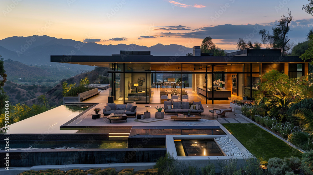 A modern estate featuring an amazing rooftop terrace with views of the mountains.