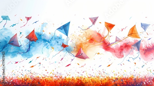 A traditional Basant scene depicting kites of various shapes and sizes floating gracefully in the sky against a pure white background