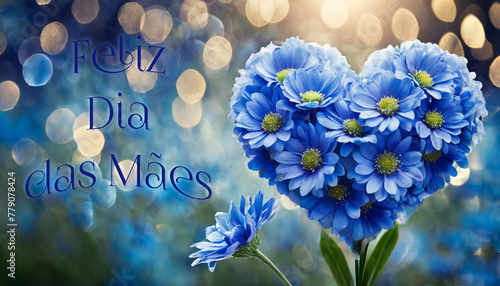 cartão ou banner para desejar um feliz Dia das Mães em azul com ao lado um coração feito de flores azuis sobre fundo verde e azul com círculos em efeito bokeh photo