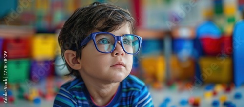 A young boy with glasses playing in a colorful playroom filled with toys and books.