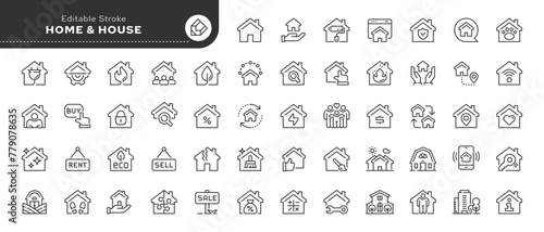 Set of line icons in linear style. Series - Home, house and housing. Smart home and eco house. Outline icon collection. Conceptual pictogram and infographic.	