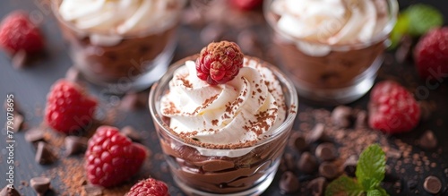 Three decadent desserts topped with fluffy whipped cream, rich chocolate, and fresh raspberries.