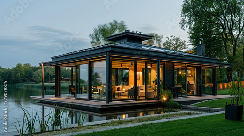 A modern bungalow with a glass-enclosed sunroom facing a picturesque lake.