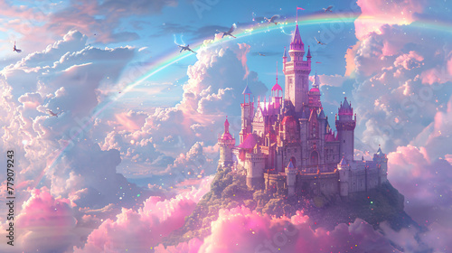 Enchanted castle in the sky with rainbows and flying creatures. Fantasy kingdom in clouds concept illustration with vibrant sunset