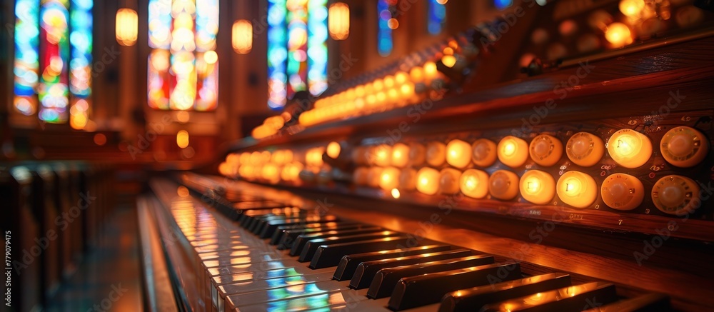 A detailed view of a piano with its keys in front of a vibrant stained glass window, showcasing the intricate design of the instrument against the colorful backdrop.