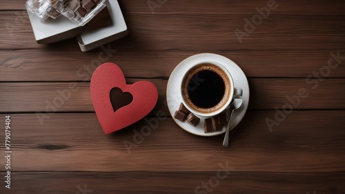 coffee and heart A coffee cup with a heart design on the surface. The cup is on a wooden tab with some magazines 