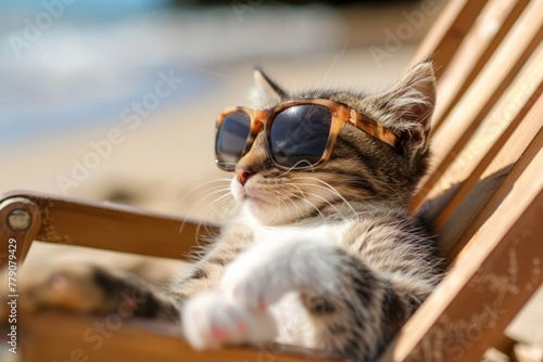 A cat wearing sunglasses is sitting on a wooden chair. Summer heat concept