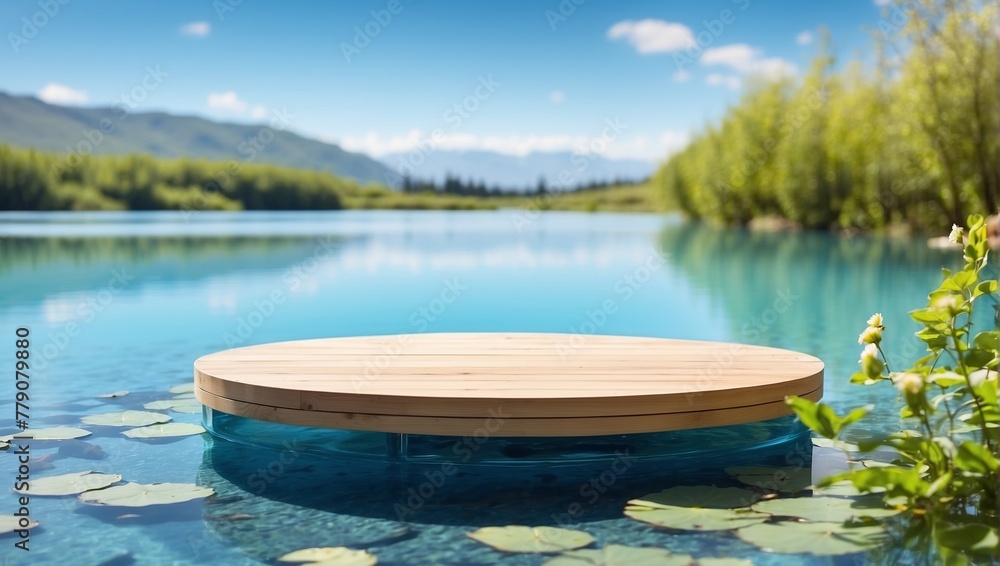 A wooden platform floating on a lake surrounded by trees and mountains in the distance

 - obrazy, fototapety, plakaty 
