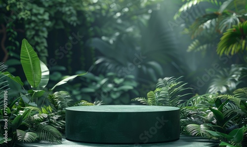 Dark green podium in tropical forest for product presentation and green background