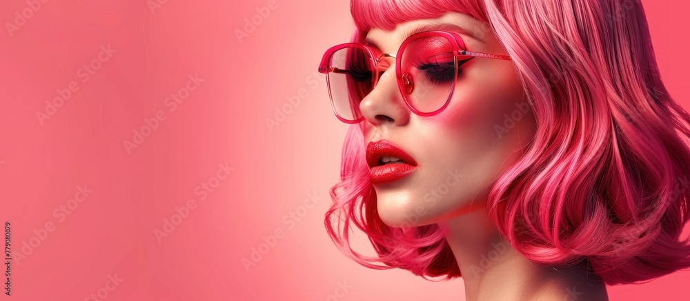 A fashionable woman with pink hair and stylish glasses posing against a pink background.