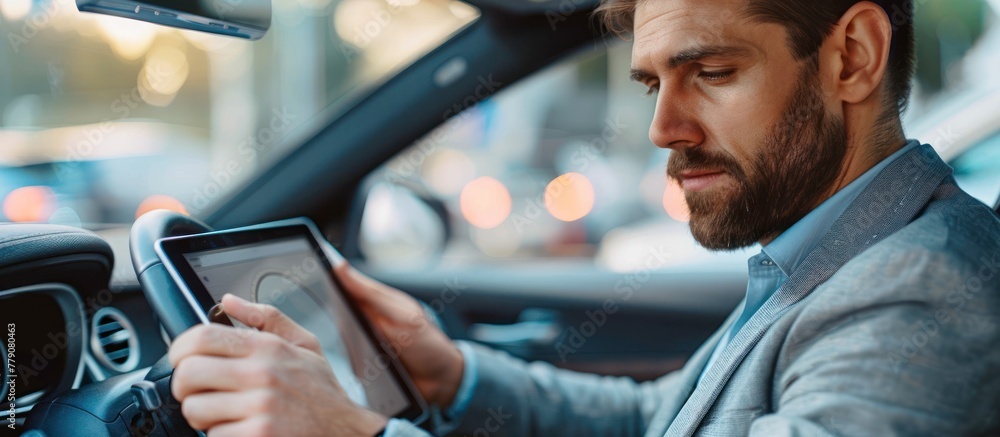 A young businessman is sitting in a car, focused on using a tablet device.