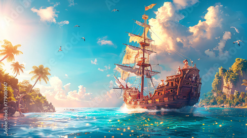 Vibrant ship sailing in tropical seas. Fantasy adventure illustration with ocean, islands, and palm trees