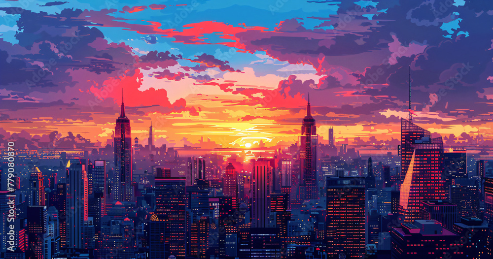 Obraz premium Downtown cityscape at dusk with vivid sunset and neon lights. Digital art illustration of urban skyline and streets