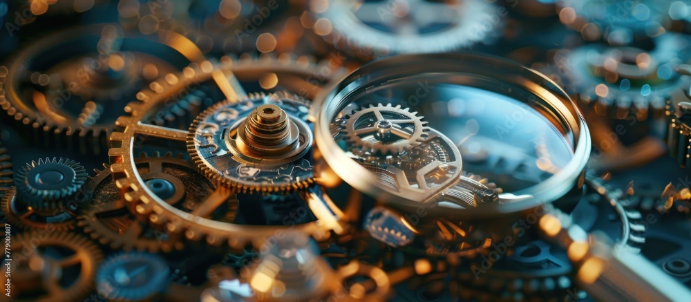 A close-up view of a magnifying glass focused on the intricate details of a clock, revealing its mechanical system and components in detail.
