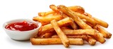 A heap of crispy French fries stacked with a dollop of ketchup on a white plate.