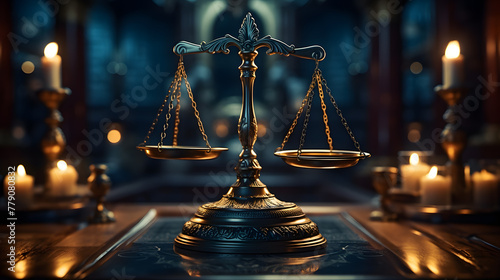 scale of justice,Scales of Justice in the dark Court Hall Law concept of Judiciary Jurisprudence and Justice Copy space Generative AI illustrator,Justice and equality symbolized by legal scales on des photo