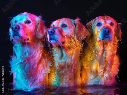 Tres golden retrievers empapados en un espectáculo de luz espectral, sus miradas nobles atraviesan el prisma de colores, sus siluetas una mezcla cautivadora de sombras y chispas neón. photo