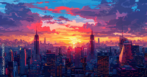 Downtown cityscape at dusk with vivid sunset and neon lights. Digital art illustration of urban skyline and streets