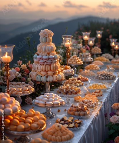 Con la caída del crepúsculo, se despliega un suntuoso surtido de postres bajo un suave resplandor, con una majestuosa torre de macarons reinando sobre un dulce banquete. photo