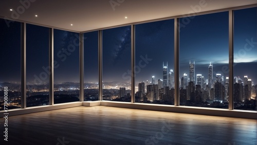 A view of a city skyline from a high-rise building at night.