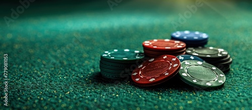 A stack of poker chips of various colors arranged neatly on a vibrant green poker table.