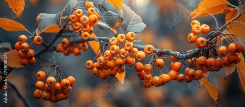 A cluster of vibrant orange berries hangs from a tree branch.