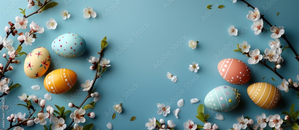 Several  Easter  eggs in different colors resting on a vibrant blue surface.