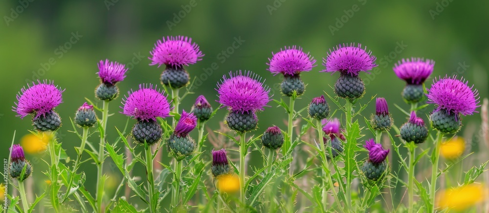 A cluster of purple Bull thistle flowers blooming in a field under the sunlight.