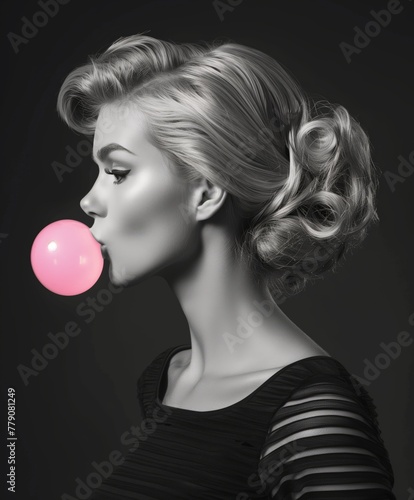 En un mundo monocromo, el juguetón momento de un chicle rosa de una mujer destaca con un toque caprichoso, su peinado retro enmarca un perfil que es a la vez clásico y atrevido. photo