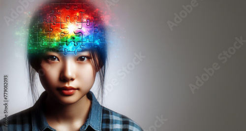 Portrait of a teenager with a brain of a colorful colorful puzzle piece on a gray background with space to copy. World autism awareness day, concept of autism spectrum disorder in adolescents photo