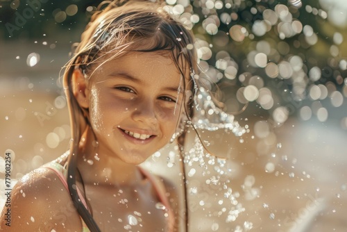 A young girl is standing in the water, smiling and splashing around