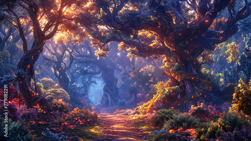 Enchanted forest path with magical trees and glowing lights. Fantasy landscape digital artwork