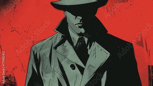 A man in a hat and coat is standing in front of a red background