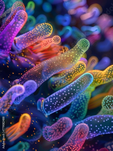 Banana surface bacteria, 3D microscopic render, bioluminescent colors, ultra-high resolution3D Illustration © Panuma